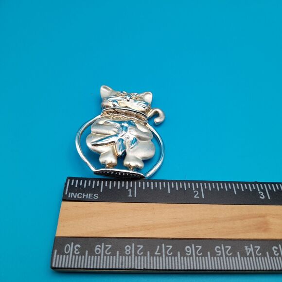 AJC Kitty Cat Fish Bowl Silver Tone Pin Brooch Vintage Signed - Picture 8 of 11